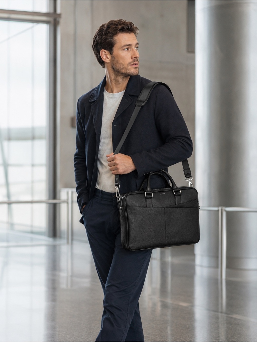 NEW Cole Haan x American Airlines Black Leather Attache/Briefcase Laptop Bag